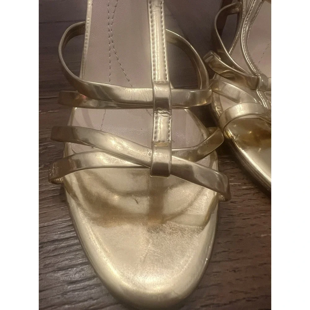 KATE SPADE Women's Sz 8.5 B Metallic Gold Leather Ankle Strap Pumps Heel Sandals